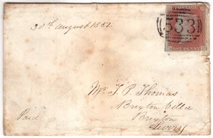 WALES - MONMOUTH, RAGLAN 1851 RARE "533" (1844) 1d RED ENVELOPE - Picture 1 of 2