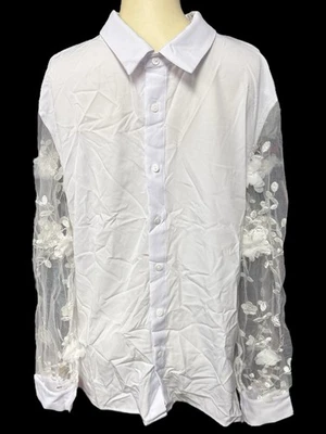 WDIRARA men’s size medium button front shirt white mesh floral long sleeves new - Image 1 of 4