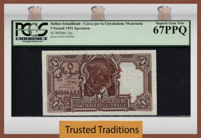 TT PK 16s 1951 ITALIAN SOMALILAND 5 SOMALI LEOPARD SPECIMEN PCGS 67 PPQ TOP POP! - Image 1 of 2
