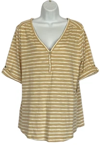 Chicos Top Size 2 Sz L 12 Beige White Stripe Henley Slub Knit Tab Sleeve T Shirt - Picture 1 of 6