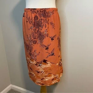 Pleione Womens Crane Floral Mountain Pull On Skirt Terracotta Elastic Waist - Picture 1 of 7