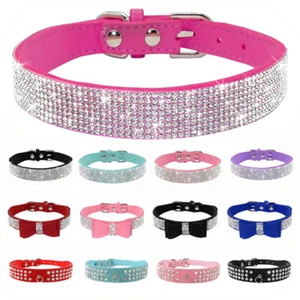 Bling Rhinestone Leather Dog Collar Cute Crystal Diamond Bows Cat Puppy Necklace - Picture 1 of 25