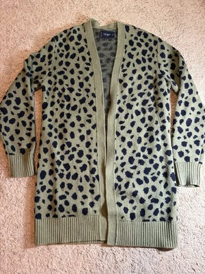 Express Sweater Women XS Long Line Cardigan Green With Leopard Print Preppy - Image 1 of 4