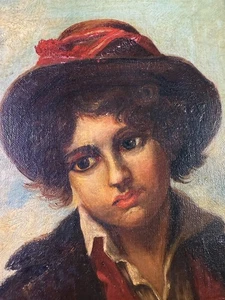 Vintage Rare Italian School late 19th century Boy watercolor on canvas - Picture 1 of 6
