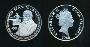 Cook Island: 1988 $50 Explorer - Francis Drake .925 silver Proof - Picture 1 of 1
