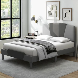 Full Size Upholstered Platform Bed Frame Velvet Headboard Mattress Foundation - Picture 1 of 11