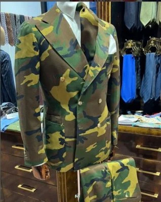2 Piezas Camuflajes Hombres Trajes Solapa Pico Ancho Formal Doble Pecho Esmoquin Foto 1 de 4