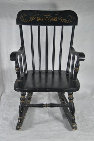 1950's Child's Rocking Chair Black with Gold Stencil Cover