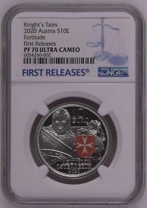 NGC PF70 Austria 2020 Knights Tales Fortitude Silver Coin S10E COA - Picture 1 of 2
