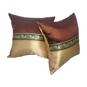2pcs. Thai Silk Pillow Cushion Cover Cases Decor Sofa Elephant Dark Brown 16 in.