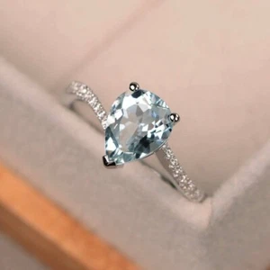 2Ct Lab Created Aquamarine Solitaire Engagement Ring Solid 14K White Gold Over - Picture 1 of 7