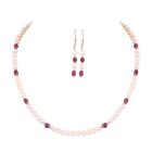 925 Silver 113.50Ct 100% Natural Freshwater Pearl & Ruby Necklace With Earrings