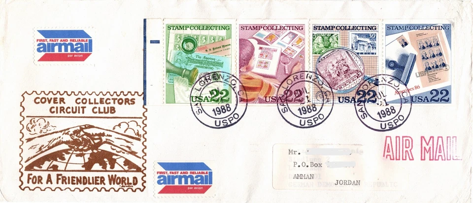 USA 1988 COVER COLLECTORS CIRCUIT CLUB AIR MAIL TO JORDAN 4 STAMPS SC 2198-2201 - Image 1 of 4