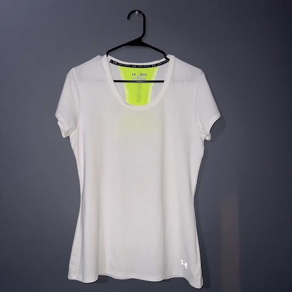 Camiseta para mujer Under Armour HeatGear Run semiajustada blanca amarilla neón malla trasera Foto 1 de 4