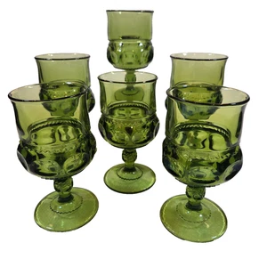 Indiana Glass Green King's Crown Thumbprint Wine Set of 6 Glasses 5 5/8” Goblets - Picture 1 of 11