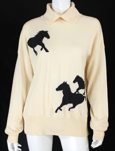 Suéter ESCADA Vintage Crema y Negro CABALLO Lana Jacquard Tejido Cuello 40 - Imagen 1 de 6