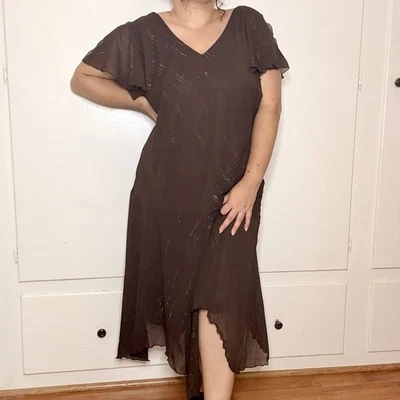 Vintage Y2K Brown Fairy Asymmetrical Hem Bias Cut Metallic Midi Dress - Image 1 of 4