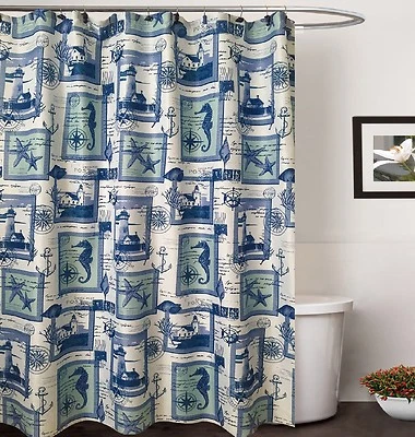 70 in x 72 in Bahamas blue Canvas Fabric Shower Curtain Matching Resin Hooks Set - Image 1 of 2