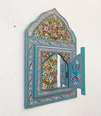 Moroccan Arched Wall Mirror – Hand Painted Wooden Frame – Bohemian Home Decor - Photo 1/4