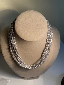 Multi Strand Silver & Gray Freshwater Pearl Necklace 18” Sterling Clasp - Picture 1 of 6