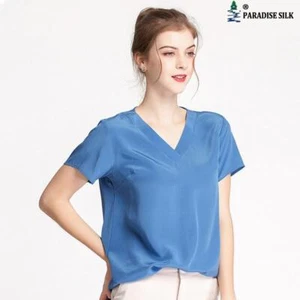 Seda Natural Top Mujer Cuello V Manga Corta 100% Seda Crepe de Chine Loose ... - Imagen 1 de 10