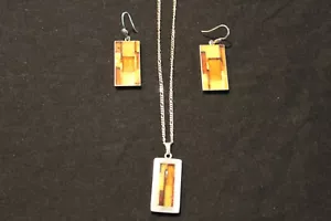 BALTISCHES MOSAIK BUTTERSCOTCH HONIG BERNSTEIN STERLING ANHÄNGER OHRRINGE HALSKETTE - Bild 1 von 10