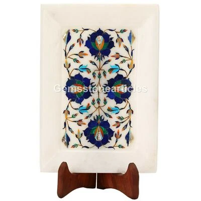 8"x6" White Marble Lapis Lazuli Marquatrey Floral Inlay Christmas Dining Decor - Image 1 of 2