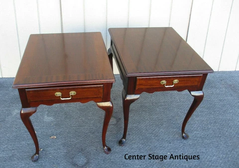 62839 Pair  Council Cross Banded Mahogany  Glass Top  Lamp Tables Stand s Cover