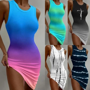 Women Gradient Sexy Bodycon Ribbed Mini Dress Sleeveless Cocktail Party Clubwear - Picture 1 of 17