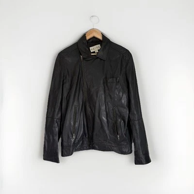 Reiss Sheep leather jacket, Brando Biker style, Black Size Medium - Image 1 of 4