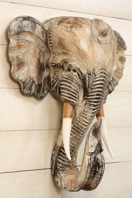 Busto de pared de elefante tallado a mano encalado de madera escultura decoración colgante estatua Foto 1 de 3