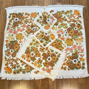Vtg Fieldcrest 5 PC Bath Towel Washcloth Hand Towel Set Yellow Orange Flowers - Picture 1 of 15