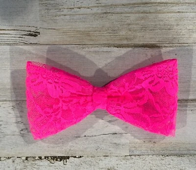 Vintage 1980's Hair Clip Barrette Hot Neon Pink Fabric Lace Bow 6" - Image 1 of 4