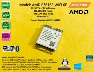 AMD Mediatek RZ616® NGFF M.2 WIFI 6E 802.11AX Bluetooth 5.2 MT7922 AX2400 - Picture 1 of 1