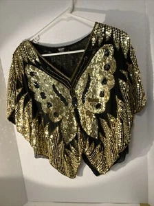 Vintage 1970’s SEQUIN BoHo BUTTERFLY Blouse 100% Silk & Rayon Top Black Gold S/M - Picture 1 of 24
