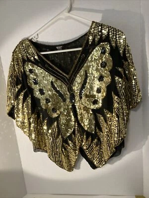 Vintage 1970’s SEQUIN BoHo BUTTERFLY Blouse 100% Silk & Rayon Top Black Gold S/M - Image 1 of 4