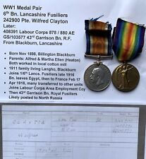 WW1 Medal Pair : 6th Lancashire Fusiliers / 43rd Royal Fusiliers / Labour Corps