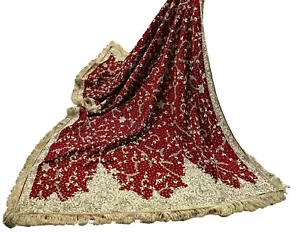 Vintage Heavy Wedding Maroon Dupatta Pure Satin Silk Long Stole Hand Embroidered - Picture 1 of 23