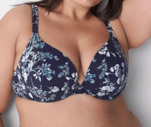 Lane Bryant CACIQUE Cotton BLUE Floral PUSH UP Plunge Bra 40D - Picture 1 of 7