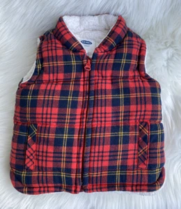 Old Navy toddler boy's vest Size 12-18 months red plaid flannel fleece lined - Foto 1 di 7