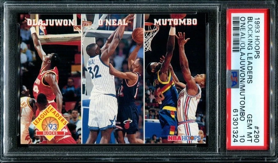 PSA 10 GEM MINT 1993 HOOPS BLOCKING SHAQ SHAQUILLE HAKEEM MUTOMBO #290 1324 B146 - Image 1 of 1