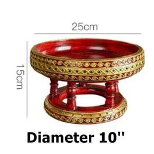 10'' Lanna Kantok Vintage Tray Wooden Paint Golden Red Thai Fruit Aroma Massage - Picture 1 of 6