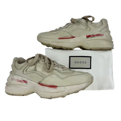 Gucci Mujeres Auténticas 5 EE. UU. 35 UE Rhyton Vintage Logo Web Cuero Marfil Tenis Zapatos Foto 1 de 4