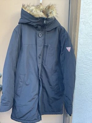 GUESS Men's Hooded Parka Coat Removable Faux-Fur Trim Large Black *See Details - Image 1 of 4