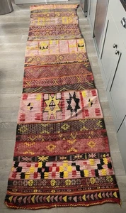 Moroccan Vintage Wool Runner Rug Unique Berber Runner 3x10ft pink yellow red - Picture 1 of 4