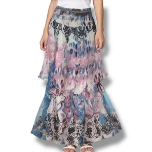 Alberto Makali XL Smocked Waist Tiered Maxi Skirt Pink Blue Watercolor Paisley - Picture 1 of 10