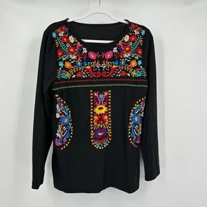 Womens Boho Embroidered Top Size M Floral Festival Hippie Artisan Black Tunic - Picture 1 of 8