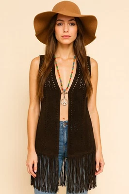 Chaleco Scully Mujer Pequeño Marrón Gamuza Cuero Flecos Western Boho Corte Láser Foto 1 de 4