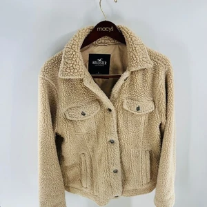 Hollister Teddy Sherpa Jacket Tan Brown Button Up Warm Cozy Cute Large - Picture 1 of 9