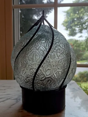 VINTAGE HAND BLOWN CAGED GLASS & WROUGHT IRON Clear Flame LIGHT LAMP GLOBE 8.75" - Image 1 of 3